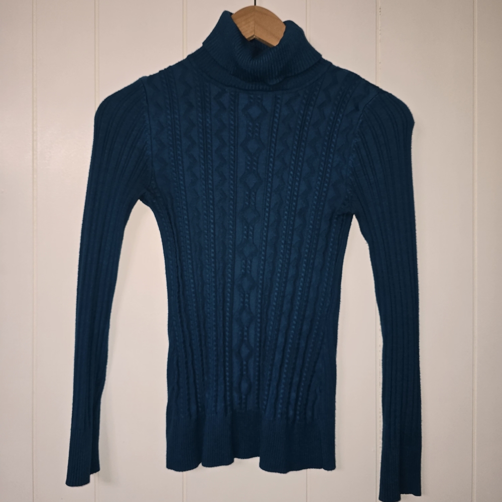 Carolyn Taylor Teal Cable-Knit Turtleneck Sweater